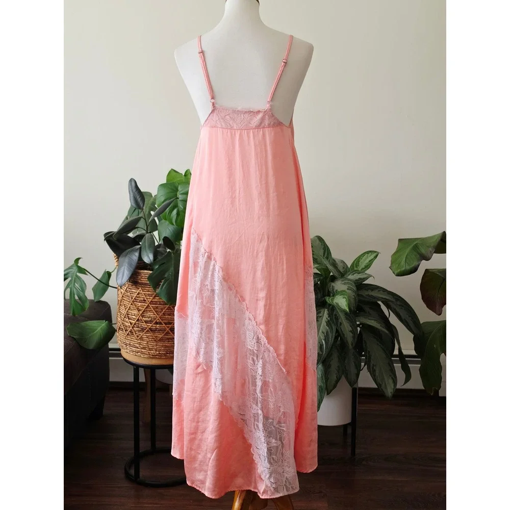 Intimately Free People Coral Pink Lace Maxi Slip Dress XS Boho Lingerie Style‎